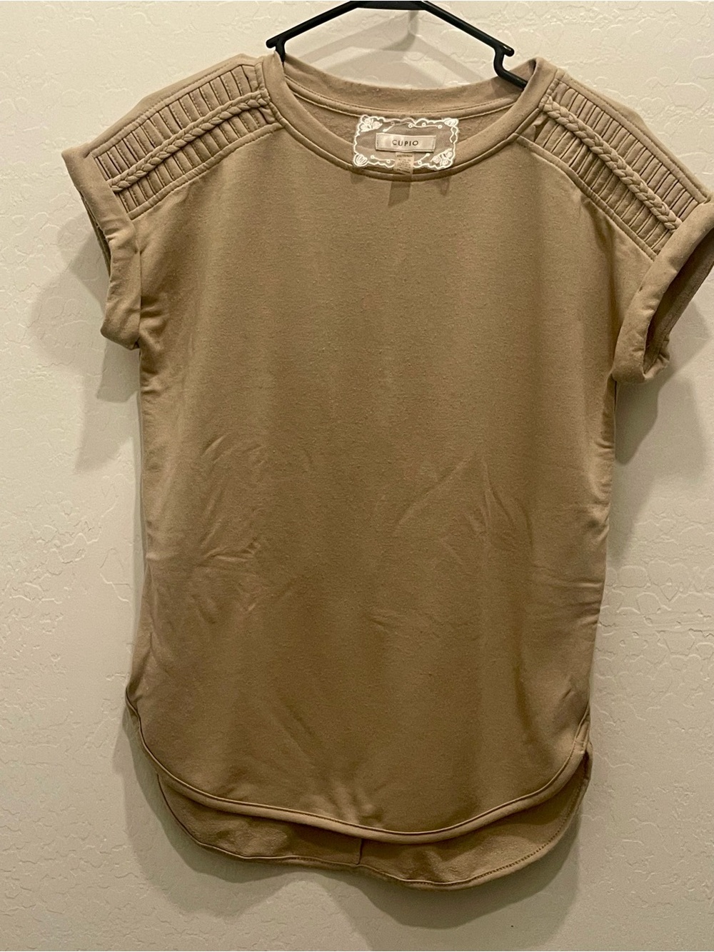 Cupio Taupe Short Sleeve Knit Top with Pleated Shoulder Panels